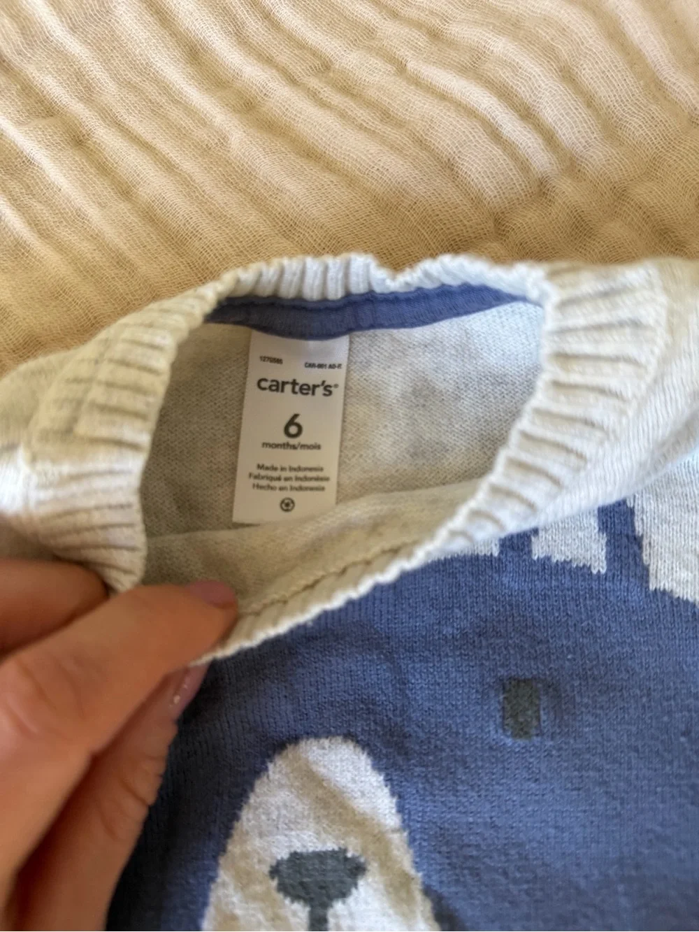 Carter's Blue and Cream Bear Knit Sweater with Striped Leggings 6M